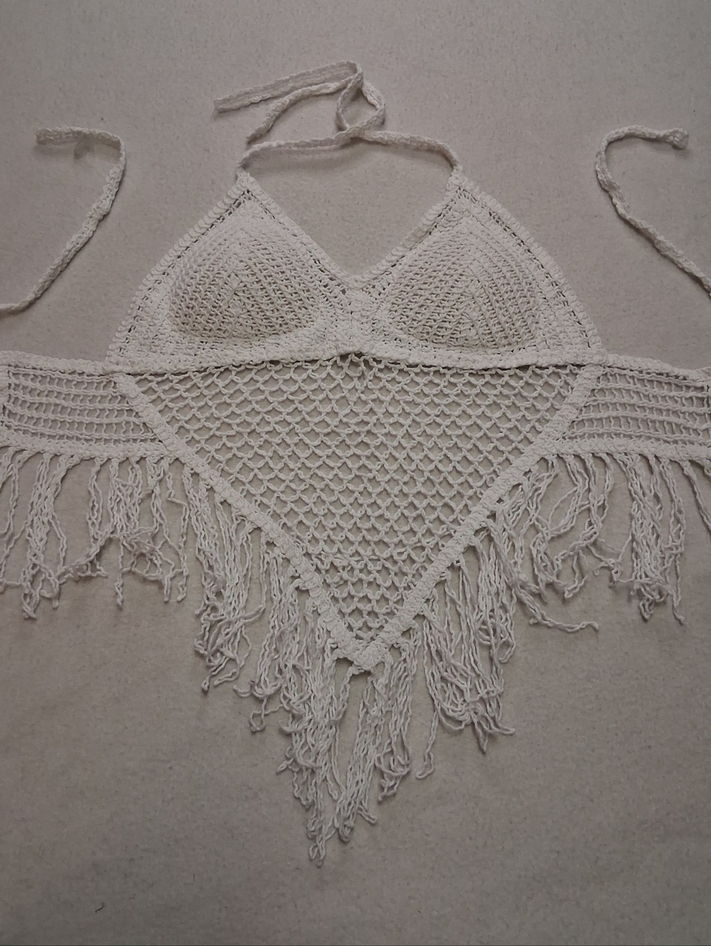 Handmade Crochet Fringe Halter Top in Off-White